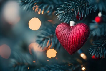 Wall Mural - Decorative heart on Christmas tree, closeup. Festive background. Beautiful Christmas heart on blurred background, closeup with generative ai