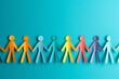 © Emvats - A group of multicolored paper cut figures hold hands in a circle against a blue background, diversity, teamwork, and collaboration. The minimalistic style emphasizes inclusivity and connection.