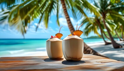 Wall Mural - Tropical paradise with coconut drinks and straws on a wooden table, surrounded by palm trees and a stunning blue ocean backdrop