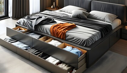 Wall Mural - Sleek modern bed design featuring integrated drawers for efficient storage of clothes, linens, and seasonal essentials