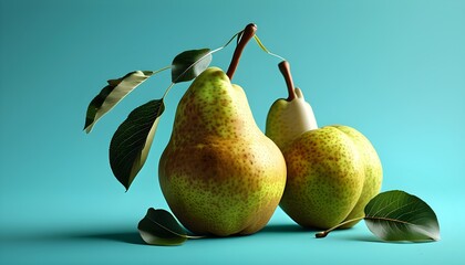 Wall Mural - vibrant pears and delicate leaves gracefully arranged against a turquoise backdrop