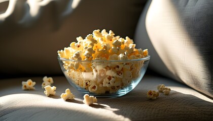 Cozy couch adorned with a clear glass bowl overflowing with popcorn, bathed in gentle morning sunlight