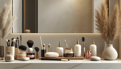 Canvas Print - Sleek bathroom counter showcasing an elegant arrangement of beauty products and makeup brushes alongside minimalist decor