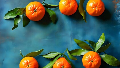 Wall Mural - Vibrant oranges adorned with lush green leaves on a textured blue-green backdrop