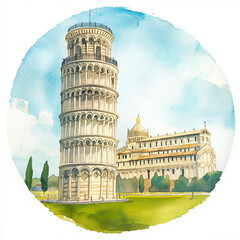 Canvas Print - Pisa tower circle watercolor painting. Leaning Tower of Pisa