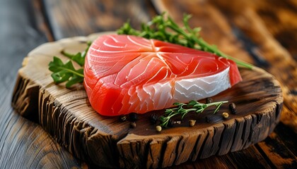 Savory display of fresh raw tuna fillet steak and sashimi artfully arranged on a rustic wooden board