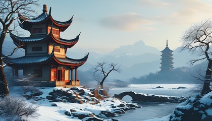 Wall Mural - Serene winter scene featuring an ancient Asian pagoda amidst a breathtaking snowy landscape