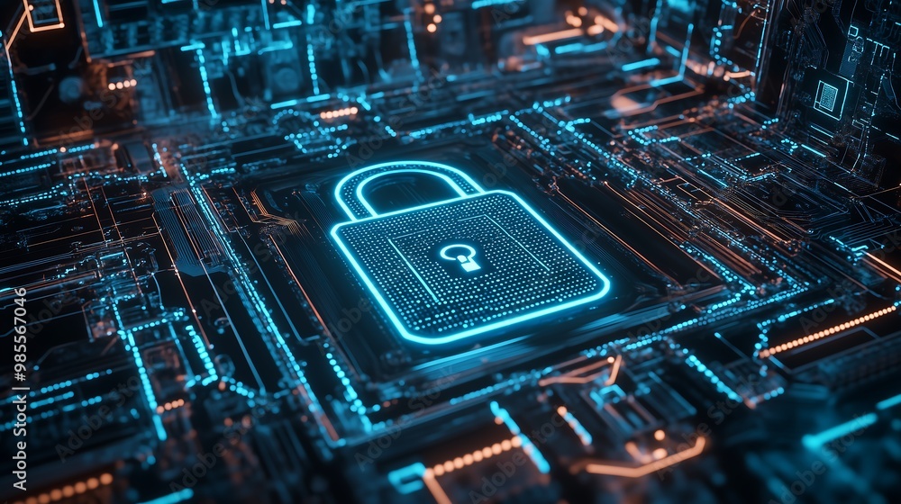 Digital padlock symbol with blue lock on binary technological ...