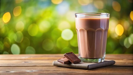 Glass of delicious chocolate milk placed on a bright background