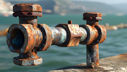 Wall Mural - Weathered pipe featuring aged bolts and intricate textures