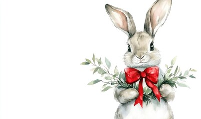 Poster - A rabbit holding a red ribbon and green leaves