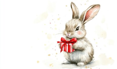 Wall Mural - A rabbit holding a red ribbon and a red box