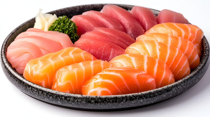 Wall Mural - Plate of sushi sashimi with vibrant slices of salmon and tuna water color, isolated on white background