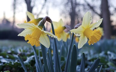 Closeup of three yellow daffodils with dew drops, blooming in a field.