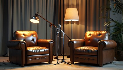 Wall Mural - Cozy podcast setup featuring brown leather chairs, microphone, and stylish lamps for engaging interviews