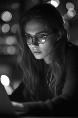 Woman in glasses using laptop