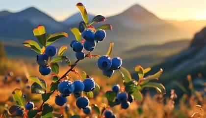 Sticker - Golden morning light illuminates wild blueberries against a stunning mountain backdrop