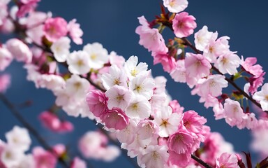 A close-up shot of a pink and white cherry blossom branch against a bright blue sky.