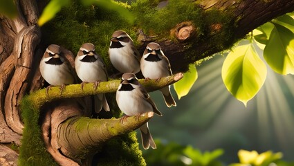 A group of five sparrows, each with brown backs, whitish-gray bellies, and distinctive black throat patches, perch on the gnarled, moss-covered branches of a majestic, lush green tree, their tiny feat