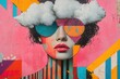 © Georgii - Colorful abstract portrait of a lady with clouds and geometric patterns on a vibrant pink background