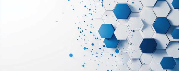 Abstract geometric background with blue hexagons and dynamic patterns on a white backdrop