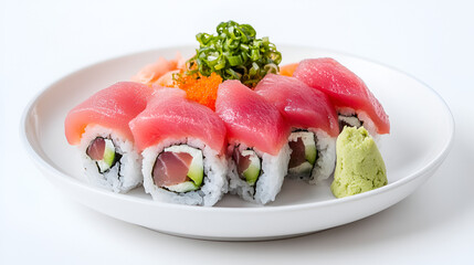 Plate of sushi nigiri with bright pink tuna and wasabi water color, isolated on white background