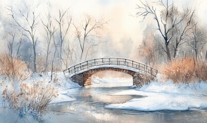 A bridge spans a river in a snowy landscape