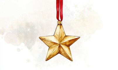 Wall Mural - A gold star with a red ribbon hanging from it