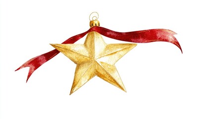 A gold star with a red ribbon around it