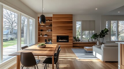 Wall Mural - Interior design Scandinavian style, wooden furniture in living room, natural light come in through windows