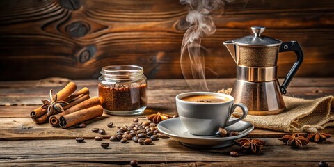 Ground coffee, geyser coffee maker and cup with spices on wooden table, dark copy space