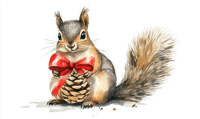 Wall Mural - A squirrel is holding a pine cone in its mouth and wearing a red ribbon