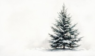 Wall Mural - A snow covered pine tree stands alone in a white background