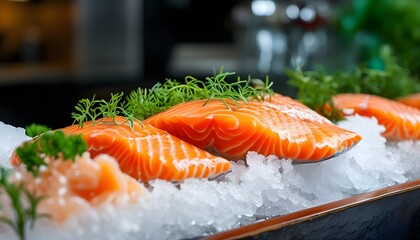 Wall Mural - Freshly prepared salmon fillet elegantly displayed on ice in a market setting