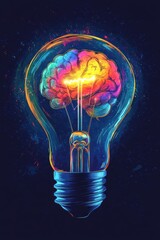 Colorful brain inside a light bulb symbolizing creativity and innovation in a vibrant digital art style