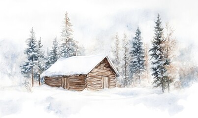 Poster - A cabin in the woods with snow on the ground