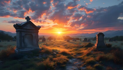 Wall Mural - Hope and Renewal at the Empty Tomb: A Dramatic Sunrise with Crosses in a Breathtaking Dawn Scene