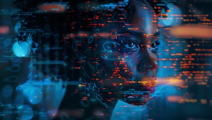 A digital art portrait of an African American woman, her face illuminated in the style of computer code and data streams in dark blue tones with orange highlights. The background is blurred .
