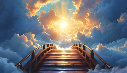 Wall Mural - Celestial bridge leading to a heavenly gate among clouds, illuminated by radiant light, evokes feelings of peace and spirituality