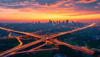 Wall Mural - Morning light over a vibrant metropolis, showcasing a sprawling cityscape with illuminated interlacing roads, radiating both serenity and bustling energy.