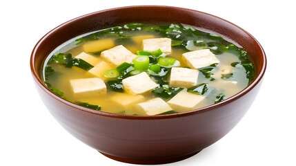 Wall Mural - Bowl of miso soup with tofu and green onions water color, isolated on white background