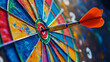 © Gibster - Colorful dartboard with dart hitting center, showcasing vibrant paint splashes and dynamic design. This image captures excitement of game and thrill of aiming for bullseye