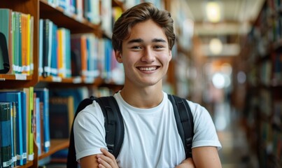 Canvas Print - A young man smiles in a library. AI.