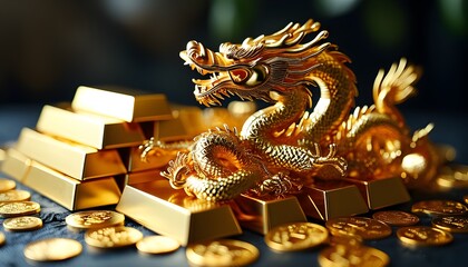 Wall Mural - Golden dragons guarding a treasure of gold bars symbolizing wealth and the Year of the Golden Dragon