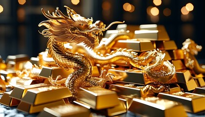 Wall Mural - Golden dragons guarding a treasure of gold bars symbolizing wealth and the Year of the Golden Dragon