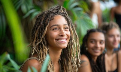 Wall Mural - A woman with dreadlocks smiles brightly while looking off to the side. AI.