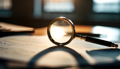 Wall Mural - Intense Business Analysis with Magnifying Glass Over Key Documents in a Dimly Lit Office