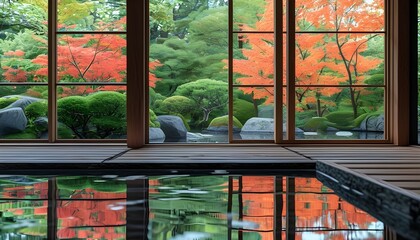 Wall Mural - Tranquil view of a Japanese garden framed by wooden window, featuring reflective water and lush foliage in harmonious Zen-inspired design