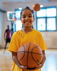 Poster - A young girl smiles while holding a basketball. AI.