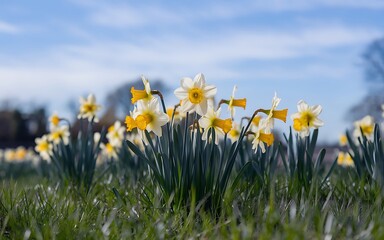 A field of blooming yellow and white daffodils under a clear blue sky.